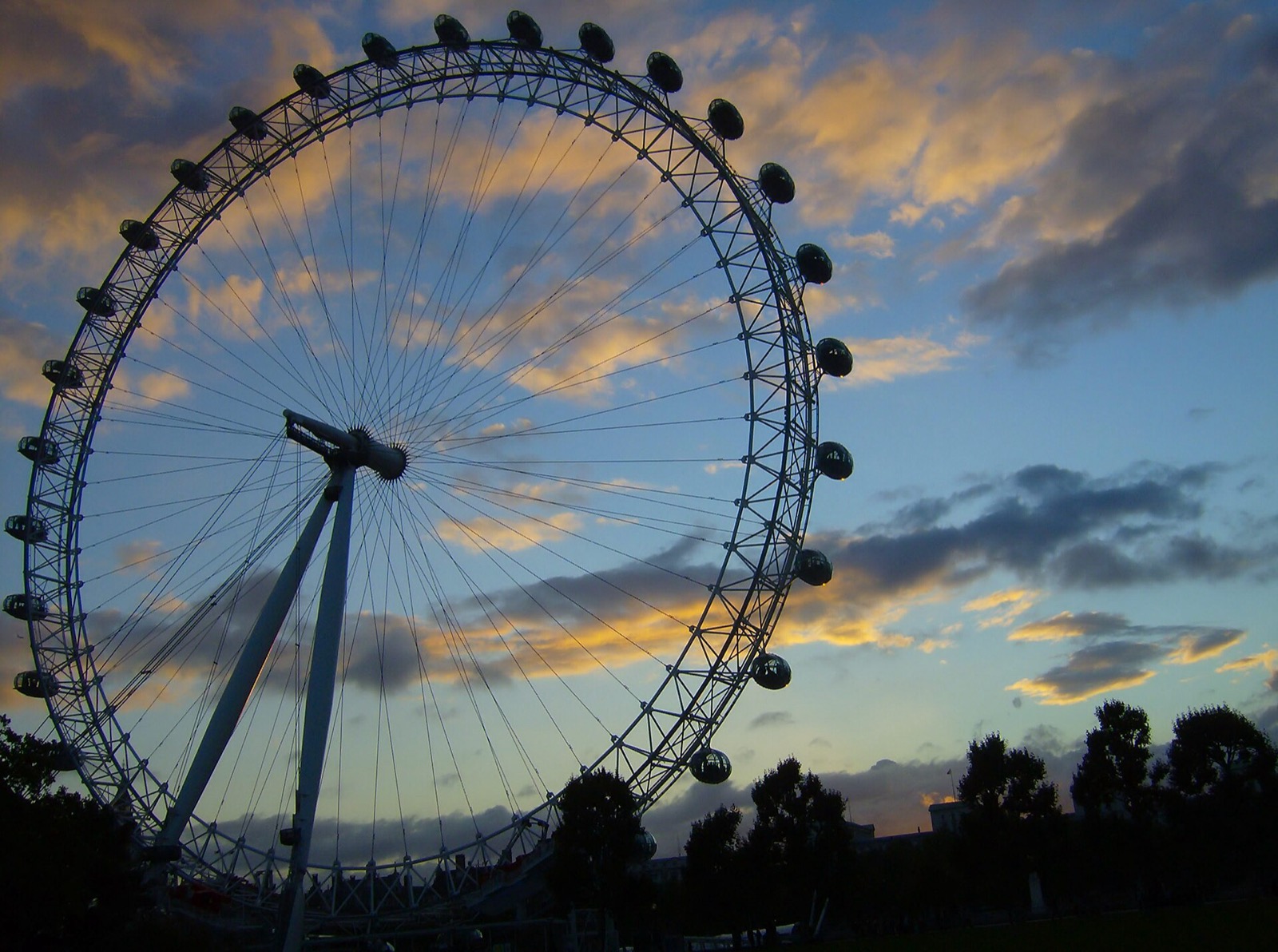 The London Eye observation wheel at sunset on the South Bank of the Thames